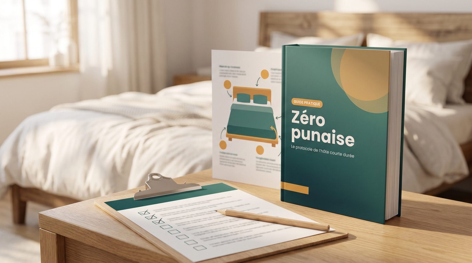 Le guide Zéro punaise avec checklist sur tablette à pince, dans une chambre